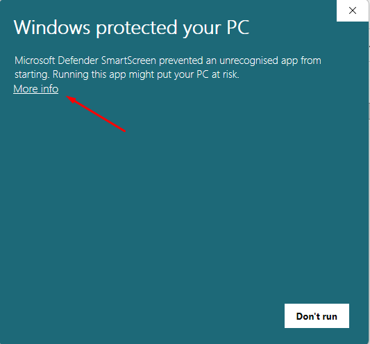 Windows SmartScreen prompt headed "Windows protected your PC", with a More info link under the message.