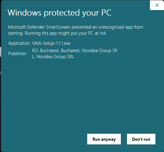 The same prompt after clicking More info, showing the publisher Novidea Group SRL and a Run anyway button.